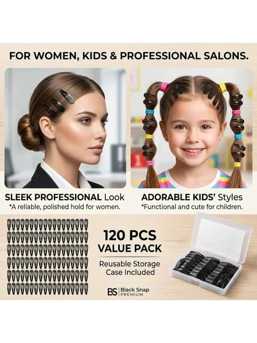 120 Pack Black 2-Inch Metal Snap Hair Clips for Women - Stylish Hair Accessories